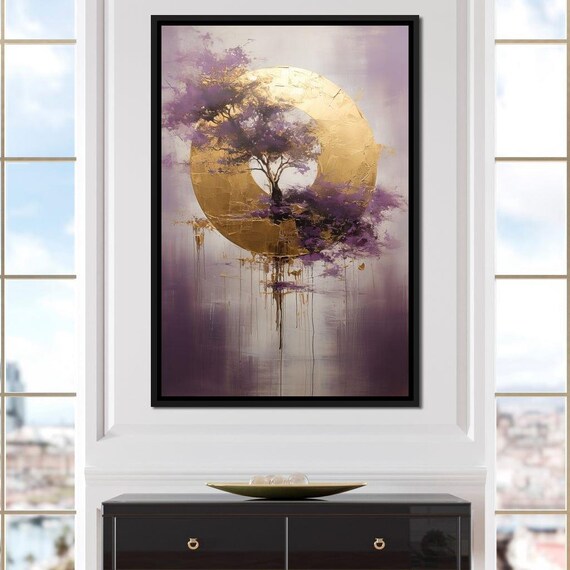 Golden Tree In Purple Twilight Modern Wall Art Nature Themed Home Decor Relaxing Evening Scene Yellow Violet By Nichecanvas