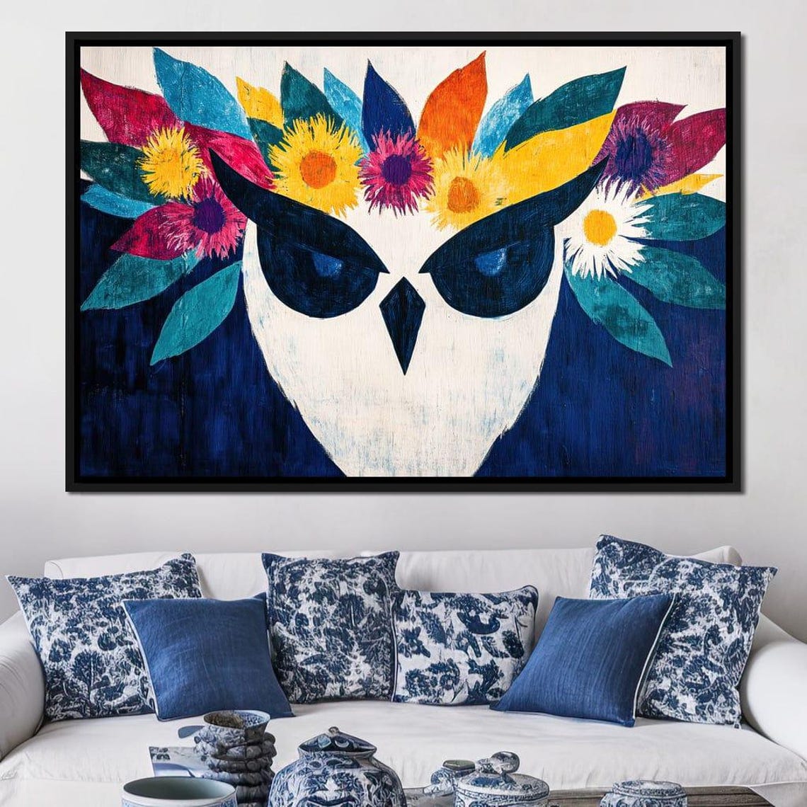 Owl Face Close Up With Colorful Floral Crown Boho Wildlife Poster - Image 4