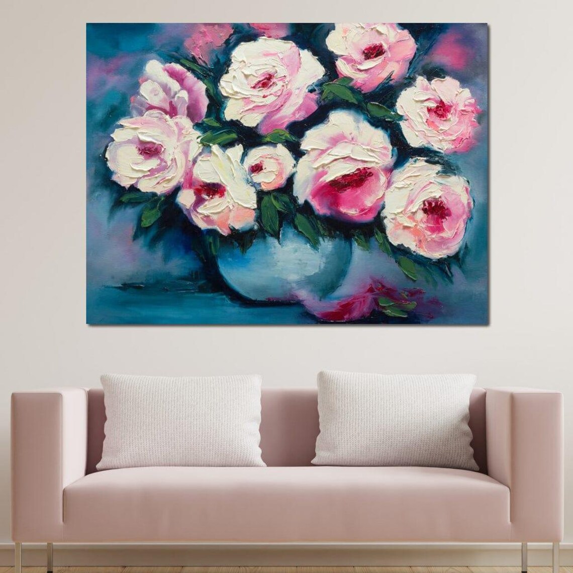 Pink Peonies In Blue Vase Impasto Floral Oil Painting Wall Art Print - Image 3