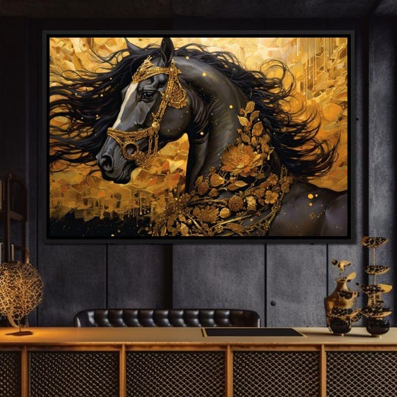 Gilded Black Horse Artistic Horse Paint Elegant Wall Art Luxury Home Decor Bold Equine Decor Contemporary Art By Nichecanvas