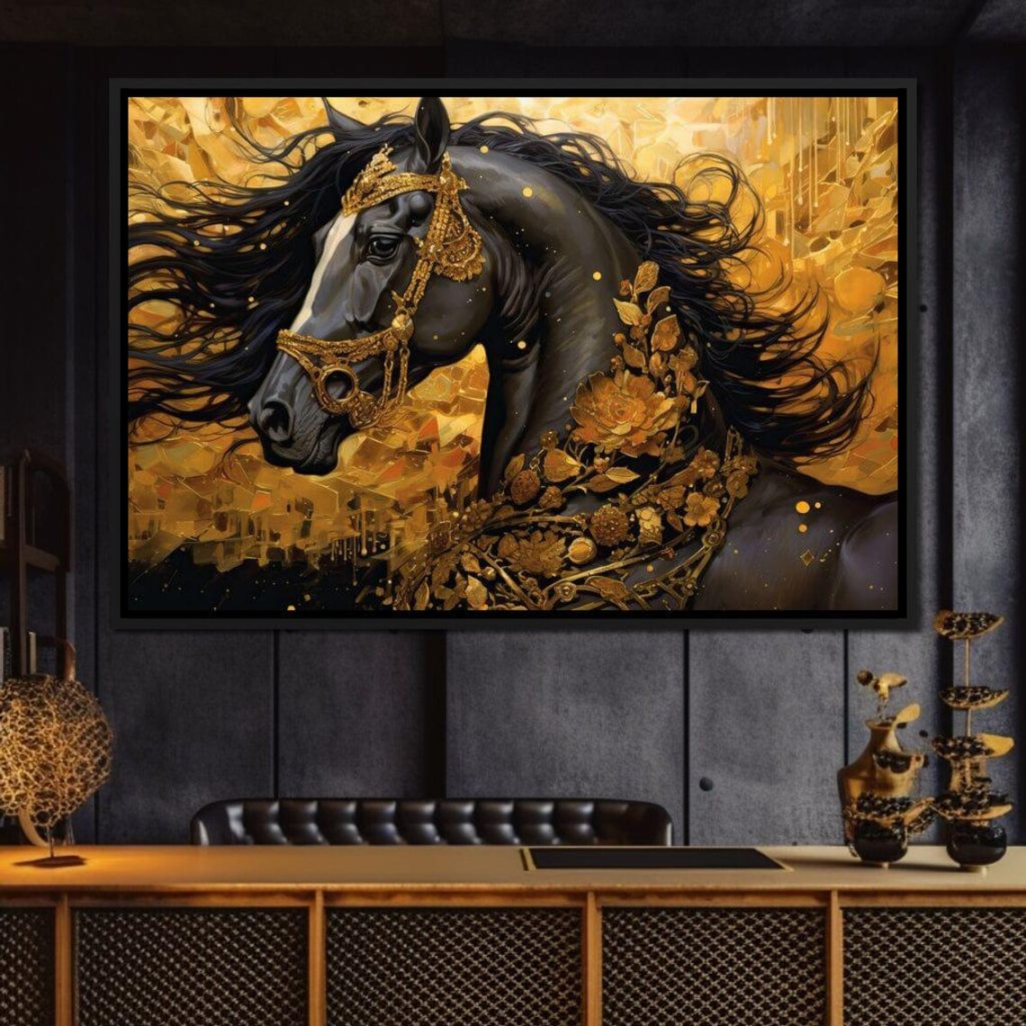 Black Horse Golden Bridle Floral Luxury Equine Portrait Wall Poster