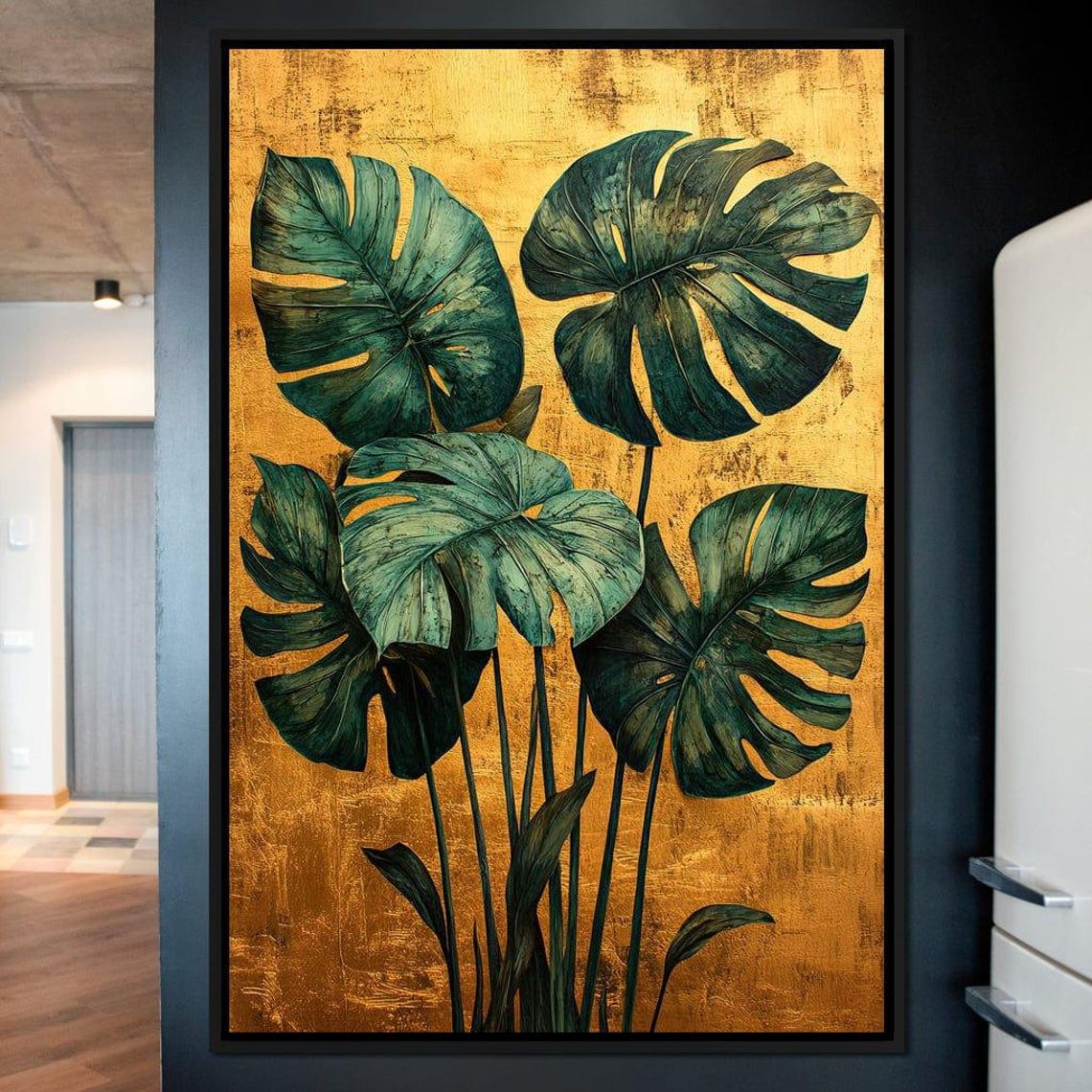 Monstera Leaves Green Gold Tropical Botanical Elegant Vertical Poster - Image 4