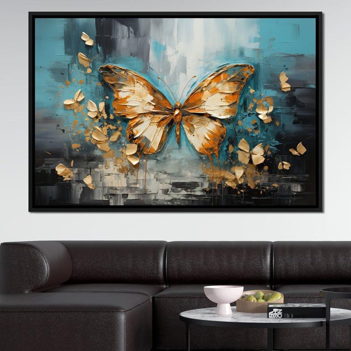 Golden Butterfly Teal Abstract Background Elegant Modern Nature Poster - Image 3