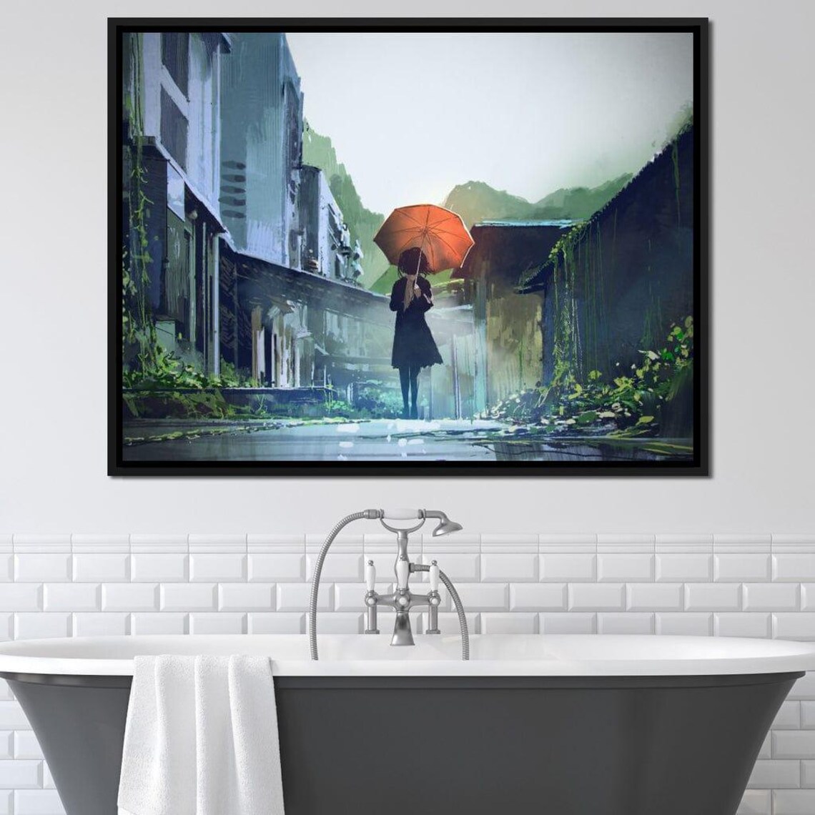 Girl with Orange Umbrella Walking in a Rainy Misty Street Scene Poster