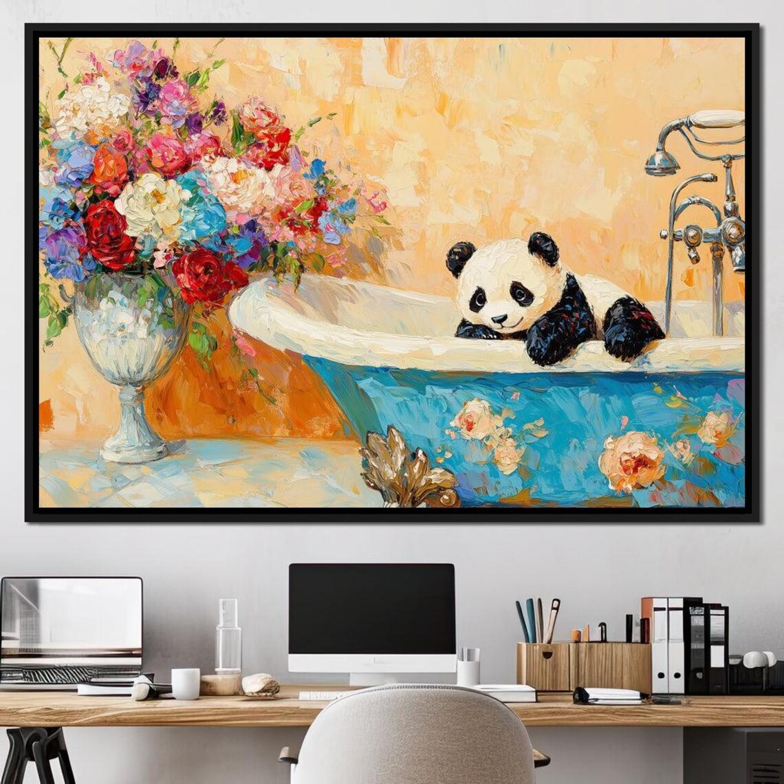 Cute Panda Relaxing In Blue Floral Bathtub Whimsical Animal Wall Art - Image 4