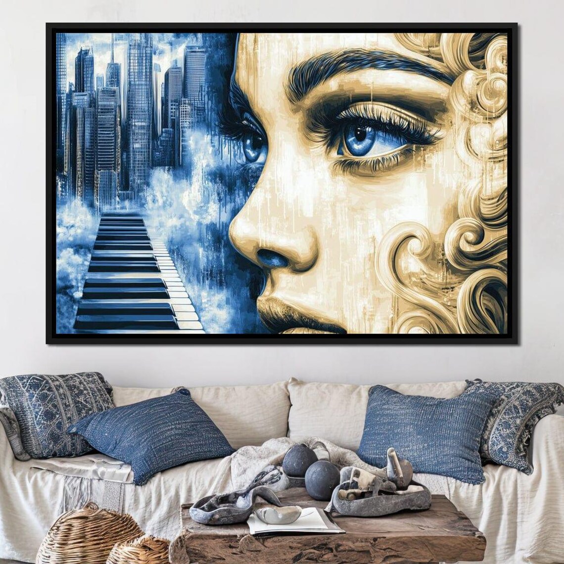Blue Eyed Golden Haired Woman City Skyline Piano Keys Art Poster