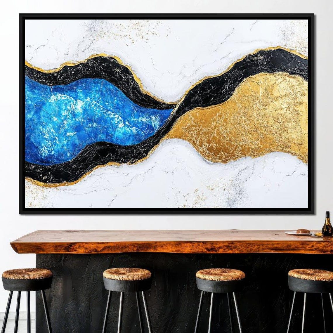 Cobalt Blue Gold Black Flowing Waves Luxury Abstract Marble Art - Image 2