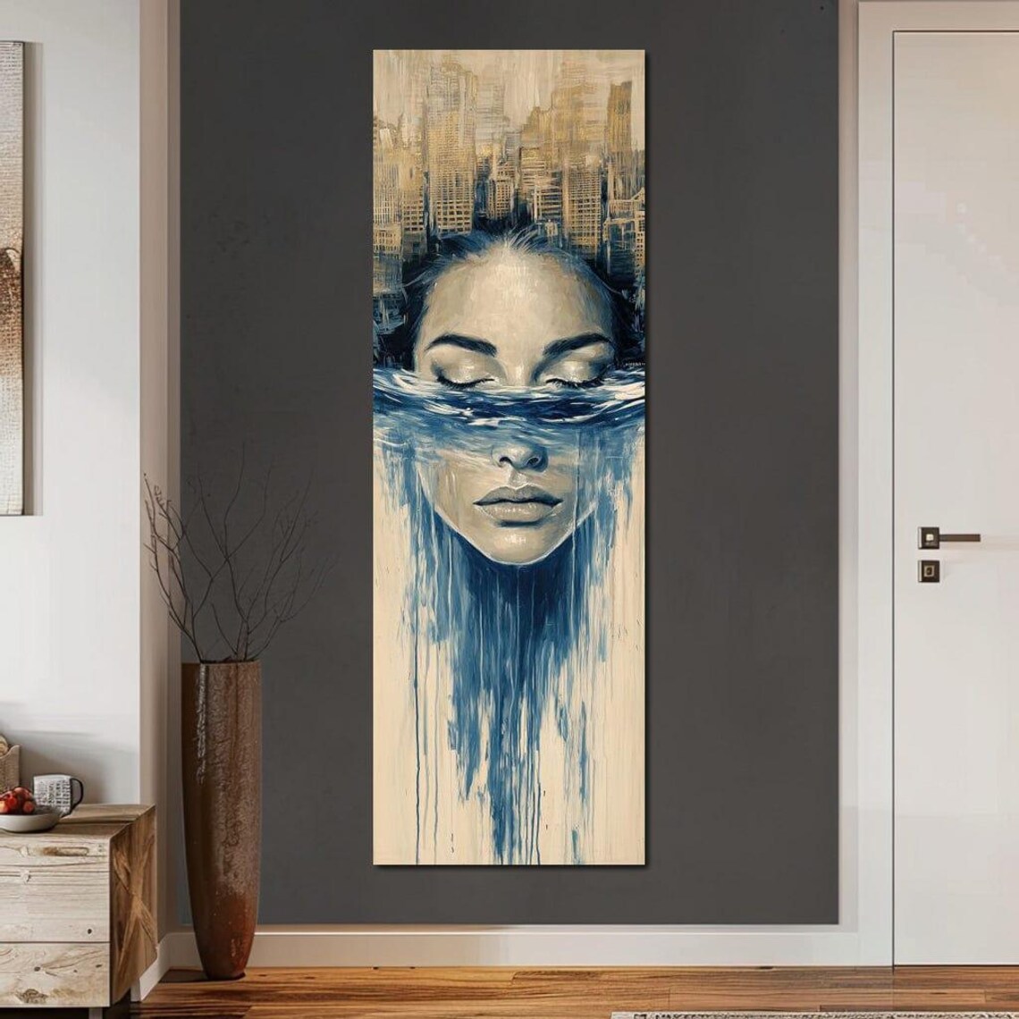 Submerged Woman Face Blue Water City Skyline Surreal Dream Wall Print - Image 4