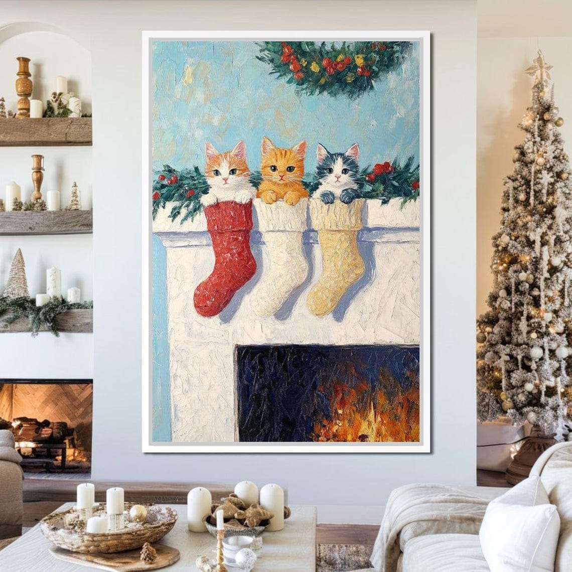 Three Cute Kittens In Christmas Stockings By The Fireplace Poster - Image 4