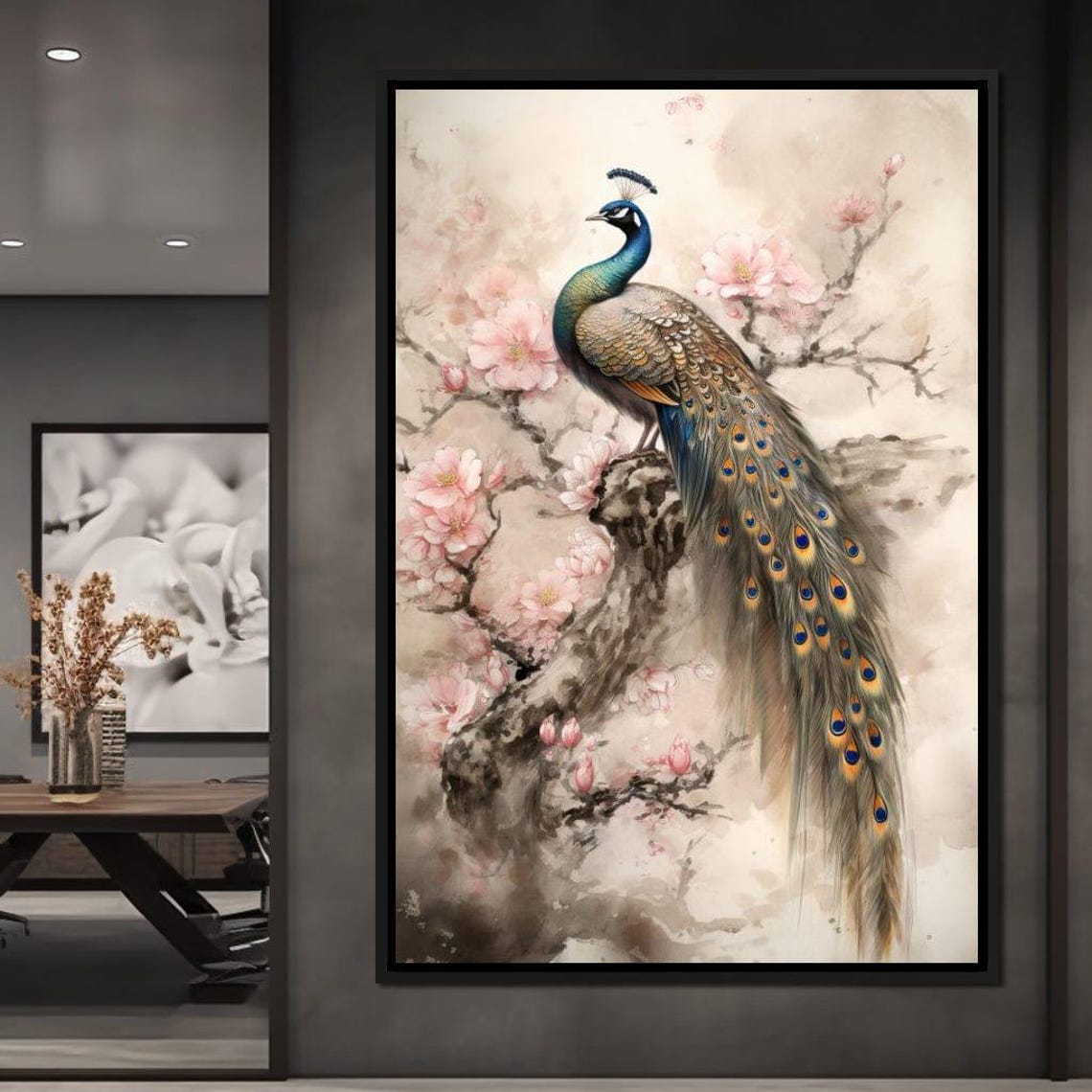Peacock Long Flowing Tail Cherry Blossom Branch Watercolor Wall Art