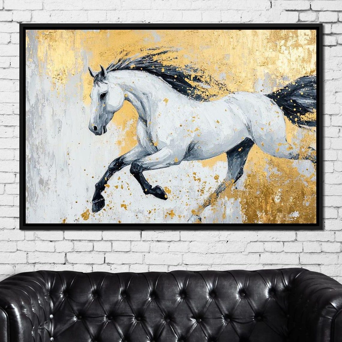 White Horse Galloping Gold Splatter Abstract Equine Modern Poster