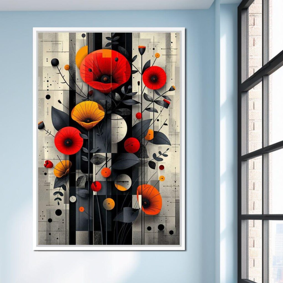 Red Poppies Geometric Floral Bauhaus Style Bold Blooms Modern Wall Art - Image 3