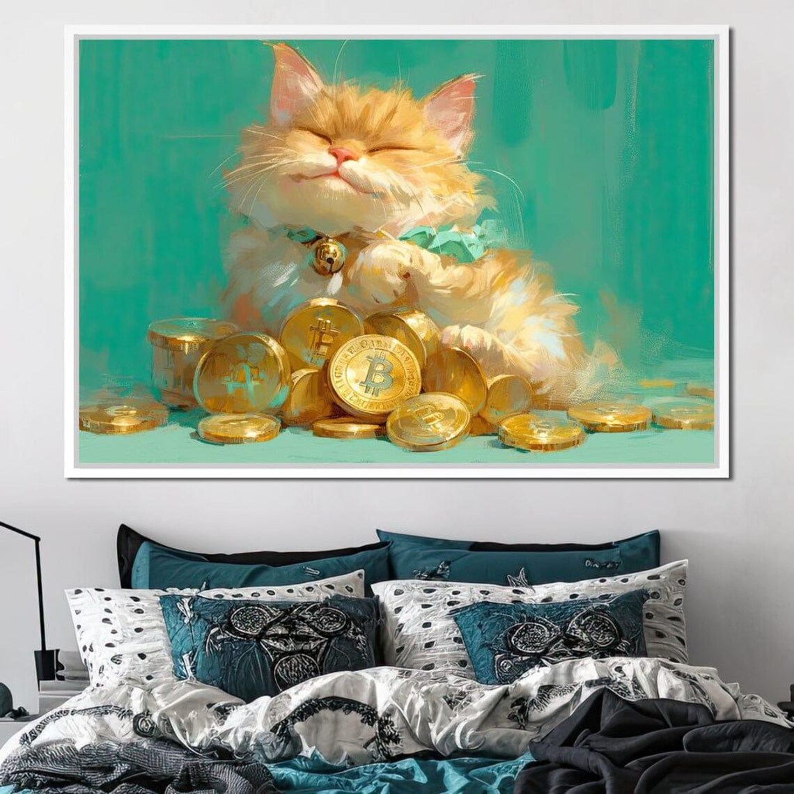 Happy Golden Cat Bitcoin Coins Bell Collar Turquoise Cute Fortune Kitty Poster - Image 4