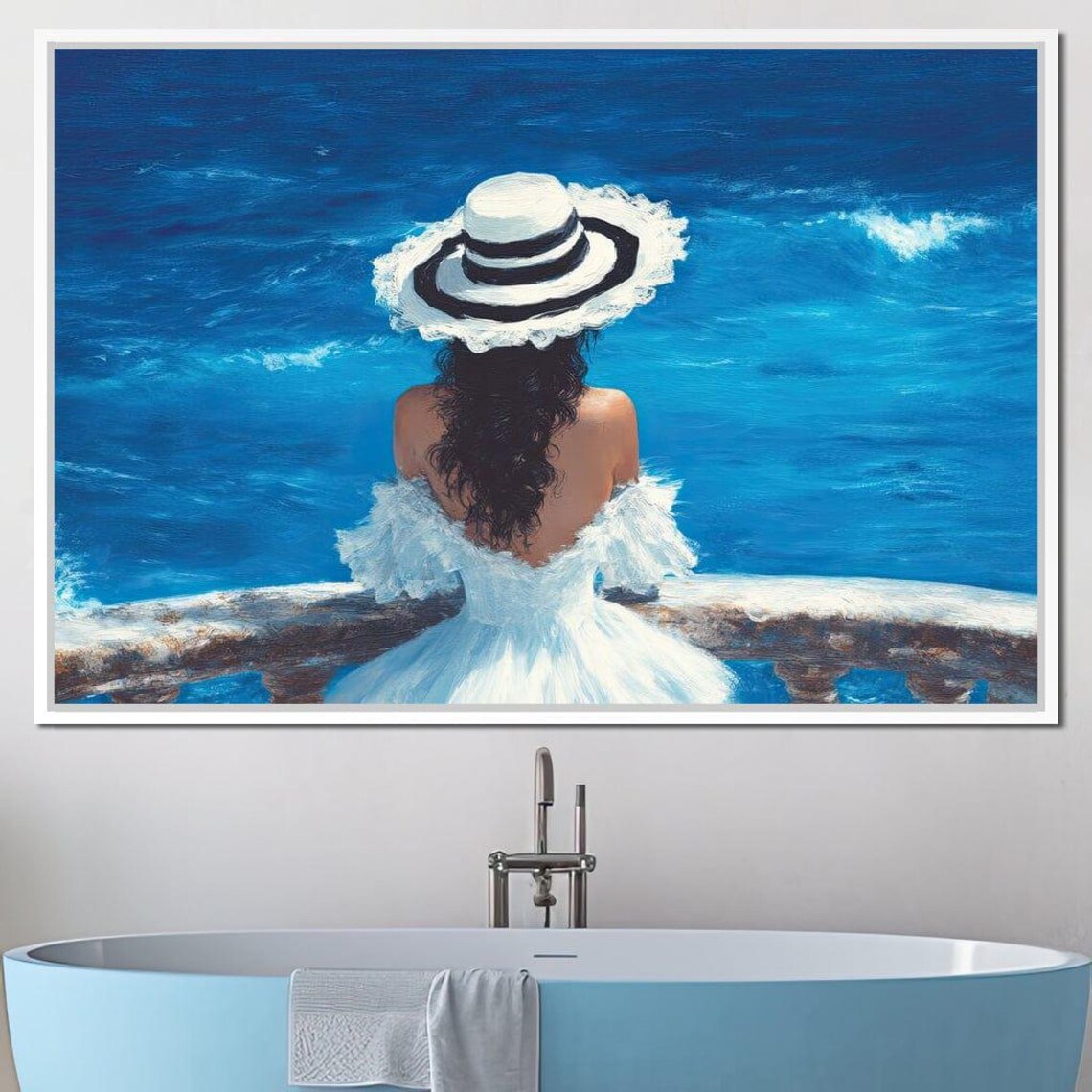 Woman In White Dress Watching Ocean Waves From A Balcony Poster