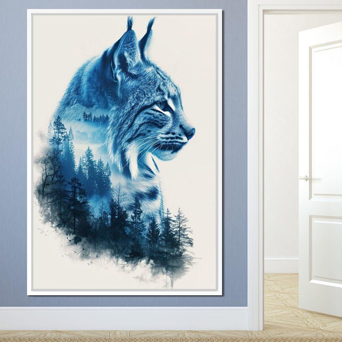 Blue Lynx Portrait With Forest Double Exposure Wildlife Poster