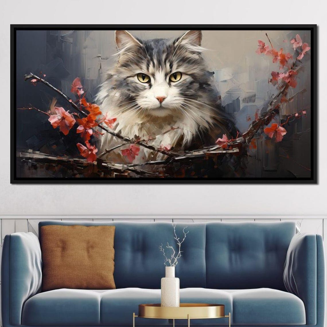 Fluffy Grey Tabby Cat Among Blossom Branches Feline Wall Art Poster - Image 2