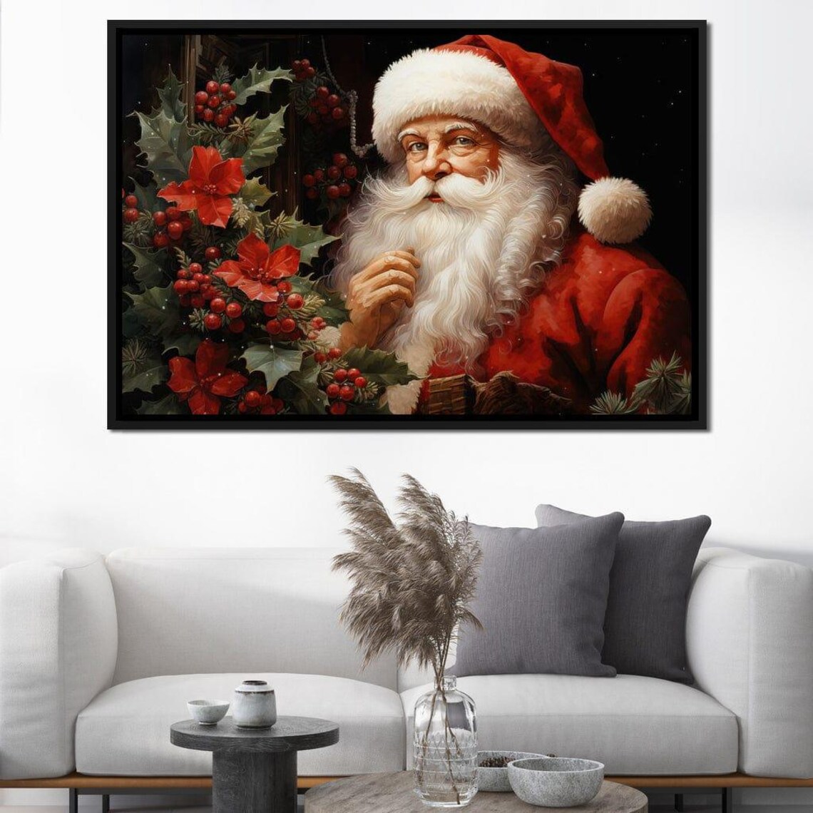 Vintage Santa Claus Portrait Poinsettia Holly Festive Christmas Poster - Image 4