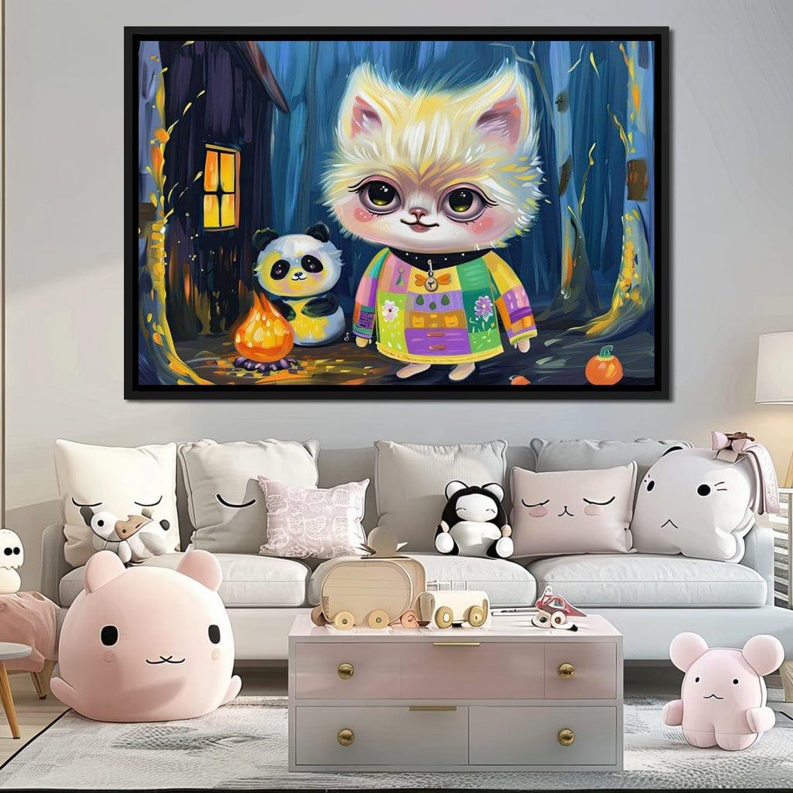 Cute Kitten Panda Campfire Cabin Night Whimsical Kids Room Art Print - Image 2