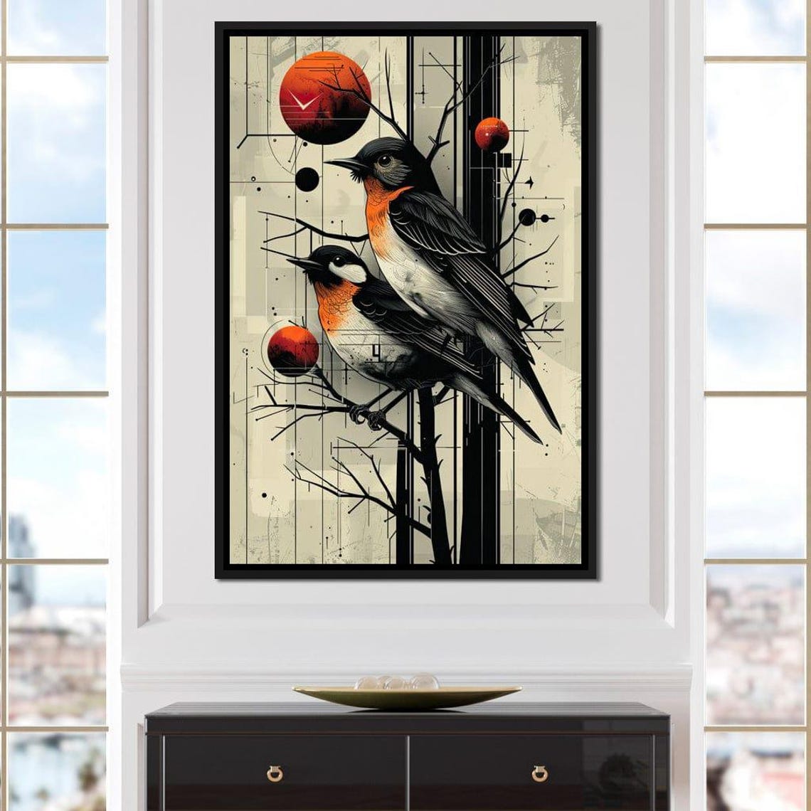 Pair of Robins Bare Branches Modern Abstract Bird Art Poster