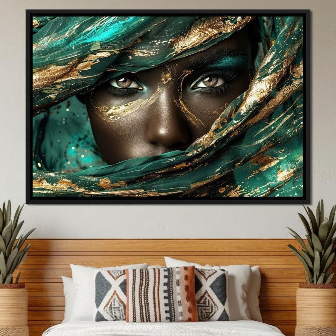 Emerald Gaze Face Portrait, Green and Gold Art Print - Image 2