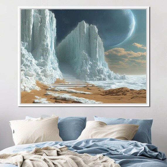 Cosmic Ice Canyon Staircase Moon Planet Fantasy Landscape Wall Art