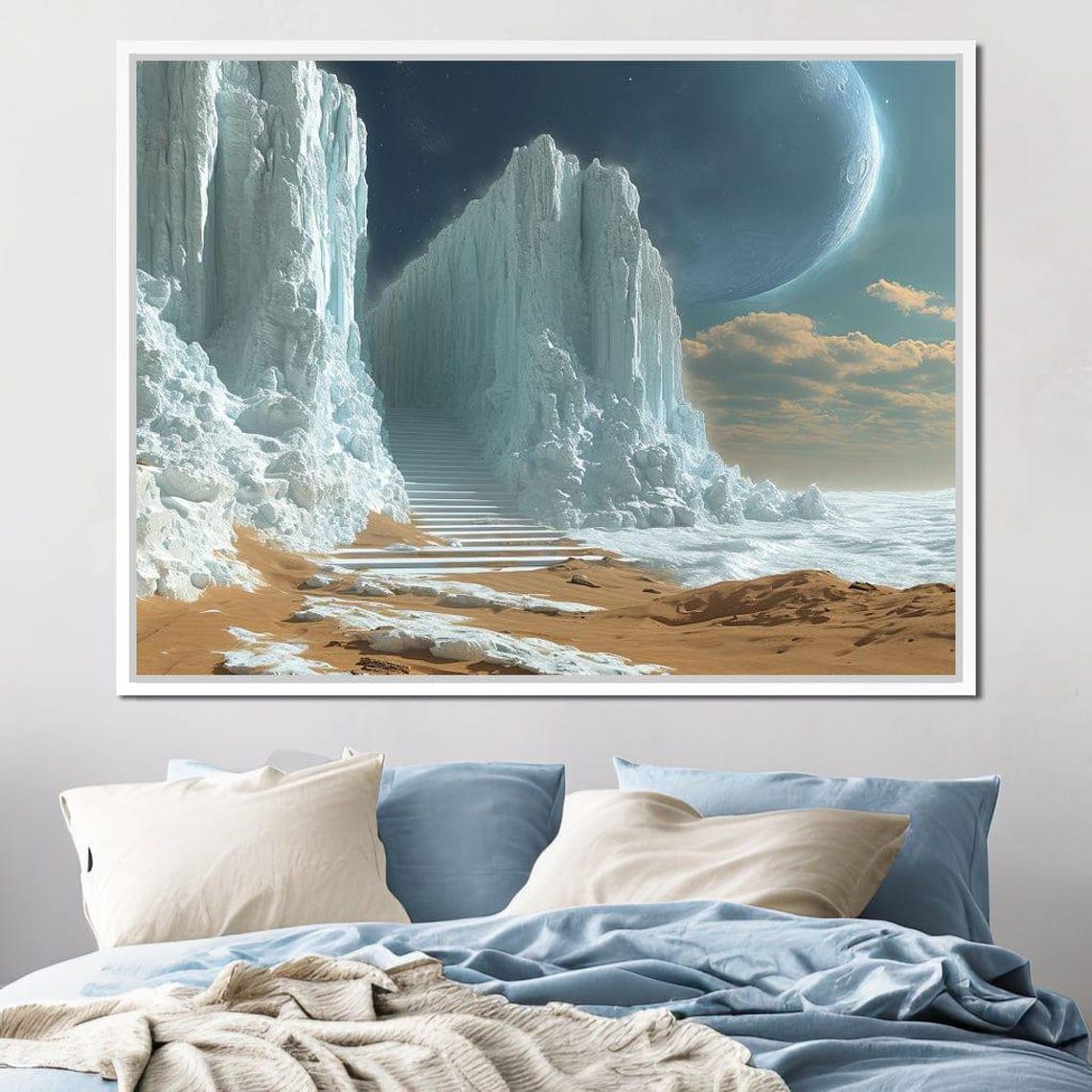 Cosmic Ice Canyon Staircase Moon Planet Fantasy Landscape Wall Art