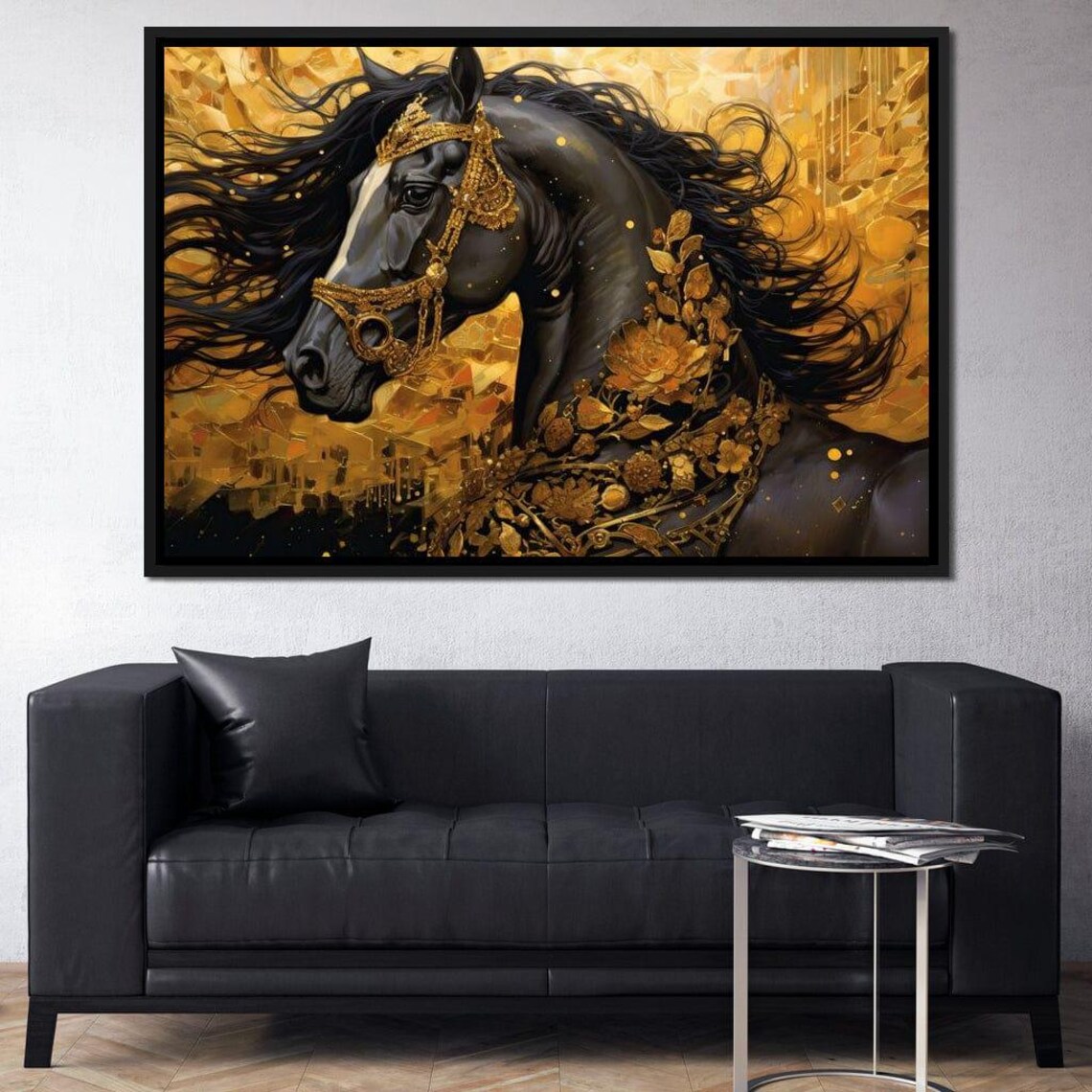 Black Horse Golden Bridle Floral Luxury Equine Portrait Wall Poster - Image 3