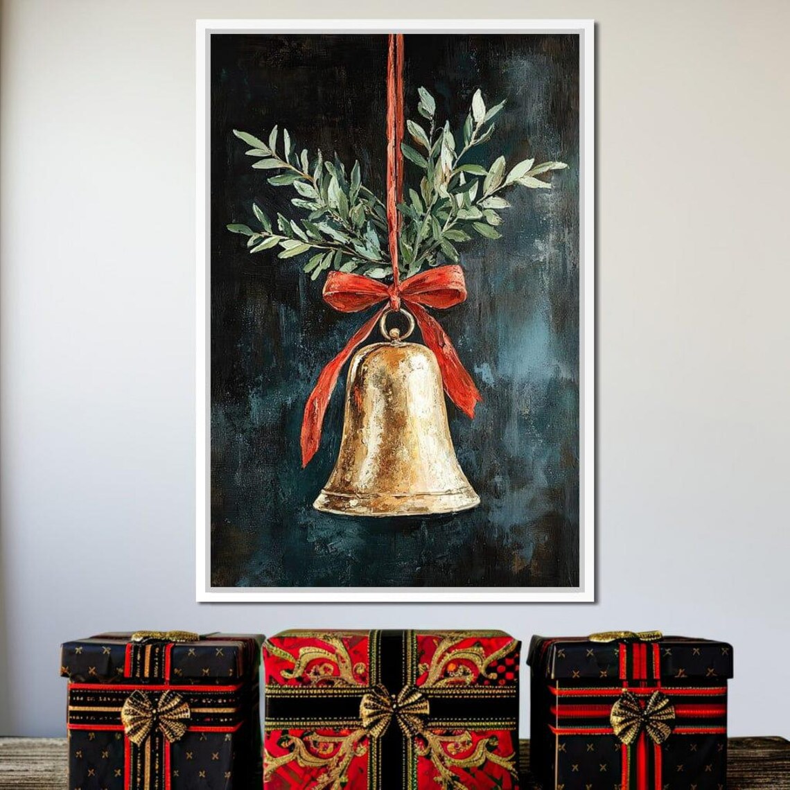 Golden Christmas Bell Hanging Red Ribbon Holly Holiday Poster - Image 4