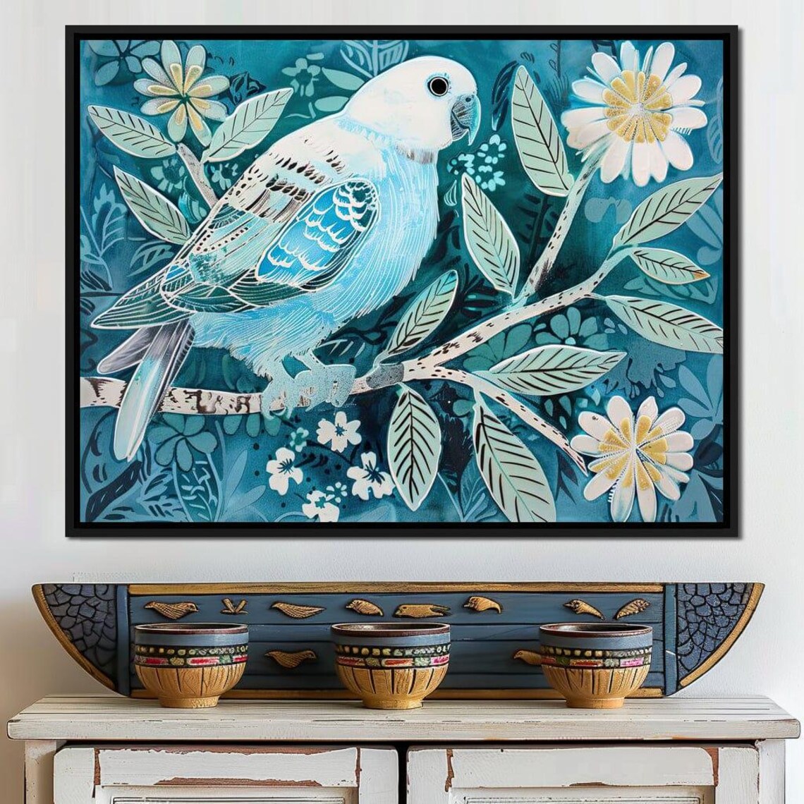 Blue Parrot on Blossom Branch Teal Botanical Bird Painting Wall Poster - Image 4