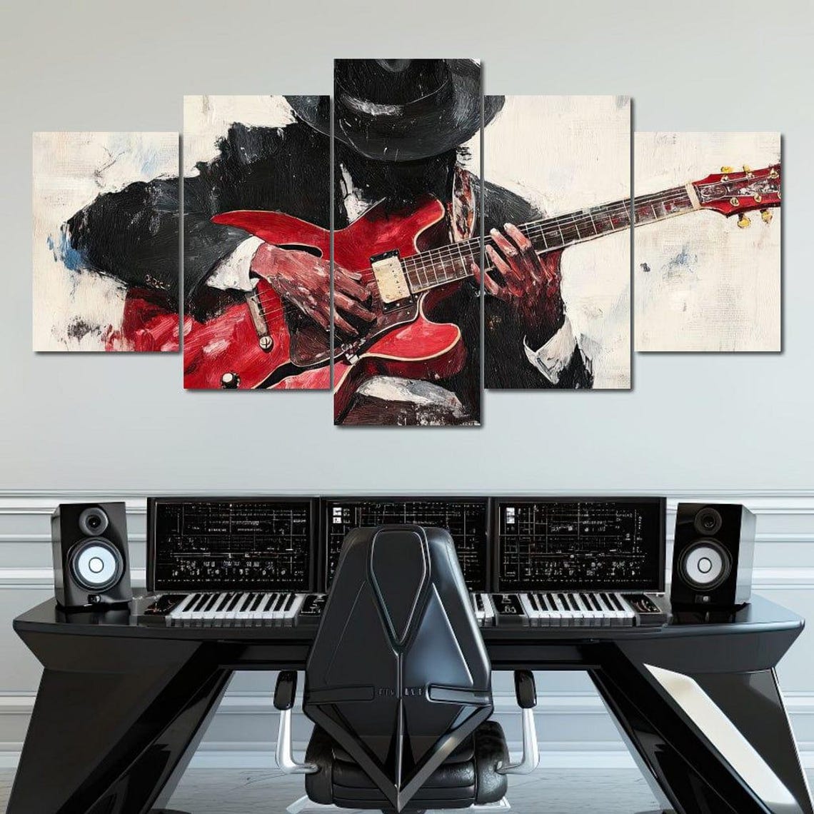 Soulful Blues Guitarist In Fedora Playing Red Guitar Jazz Poster - Image 4