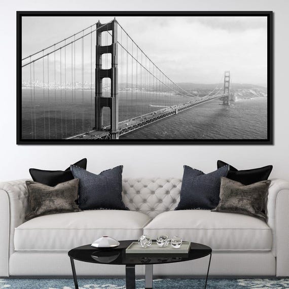 Golden Gate Bridge In Black White Minimalist Decor Iconic Landmark Art Monochrome Coastal Landscape Urban Wall Art By Nichecanvas