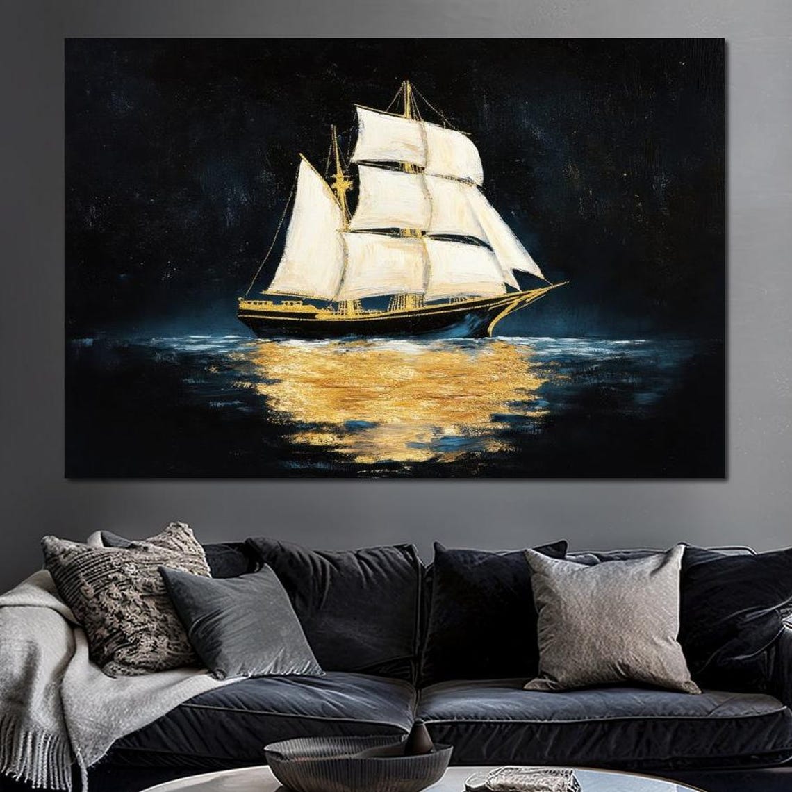 Sailing Ship At Night Golden Reflection Moonlit Ocean Poster