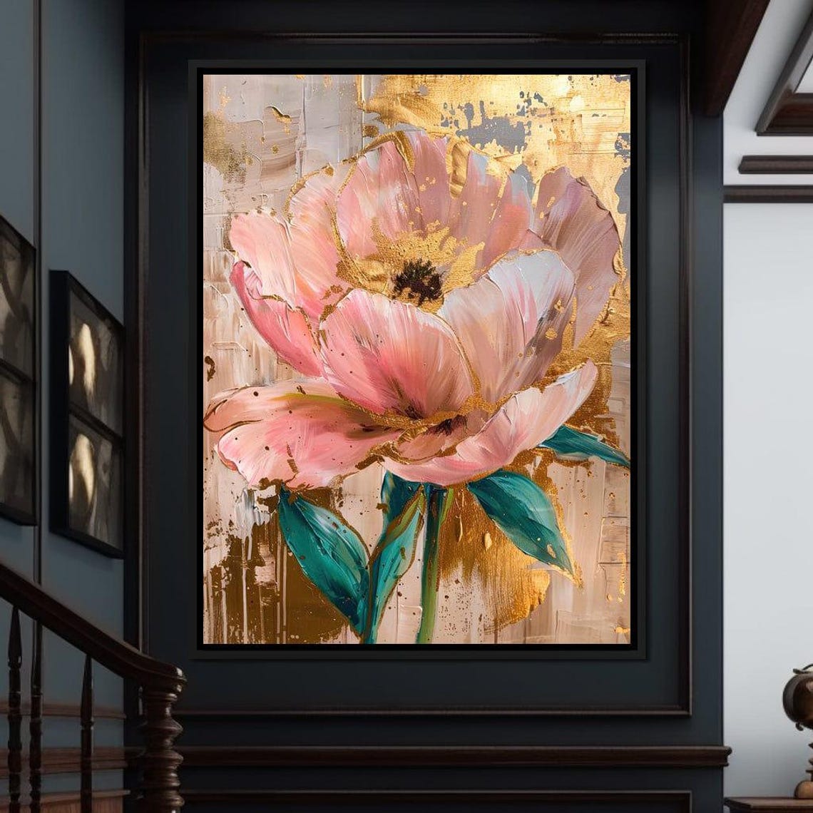Blush Pink Flower Gold Leaf Abstract Modern Botanical Wall Art Poster - Image 4