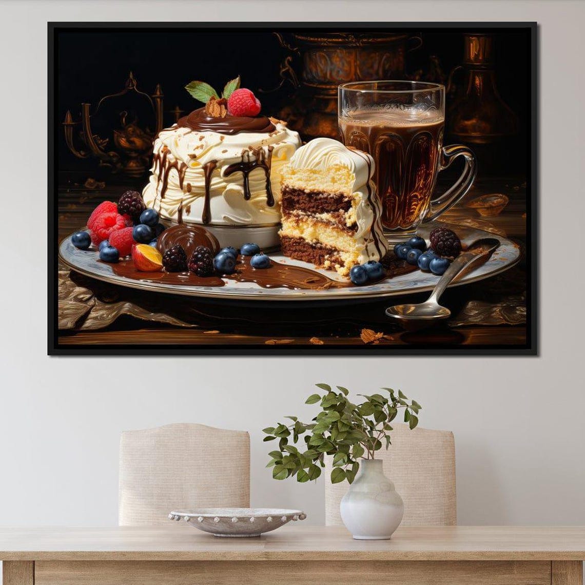 Chocolate Berry Layer Cake Coffee Dessert Still Life Kitchen Art Print