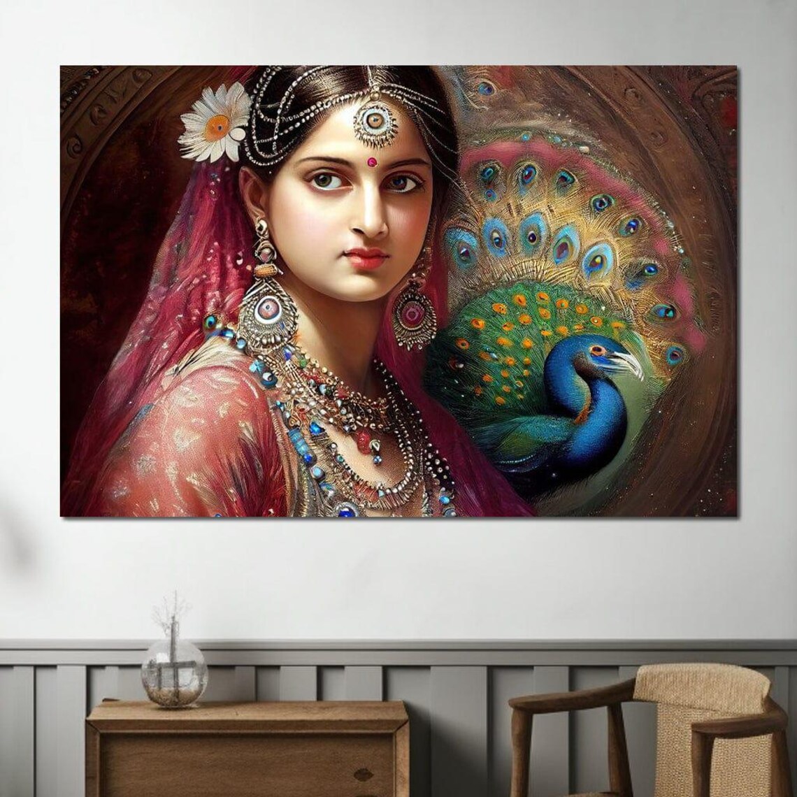 Indian Bride In Red Jewelry With Peacock Traditional Ethnic Wall Art - Image 3