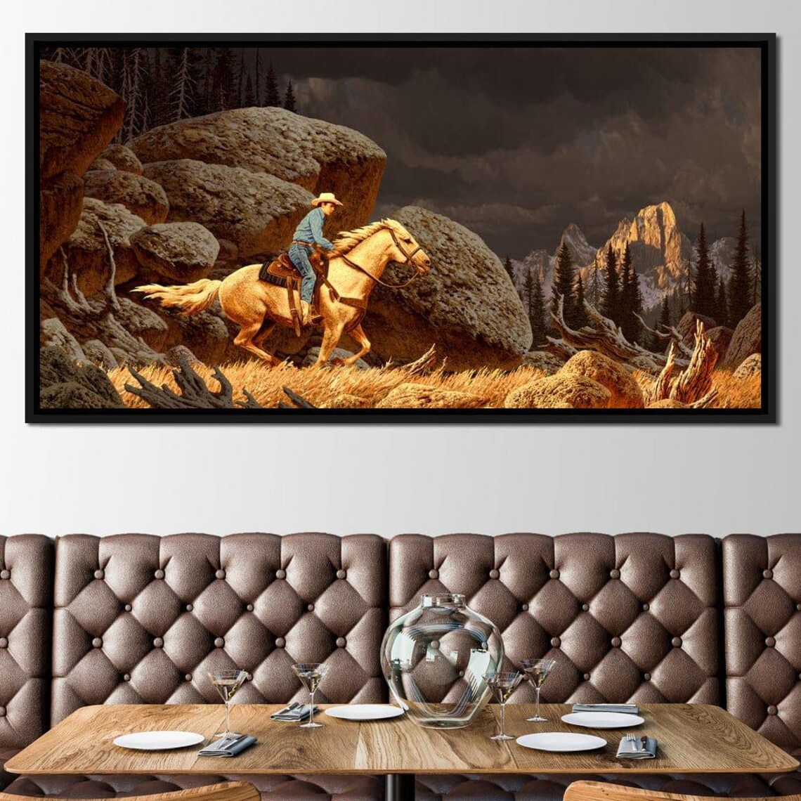 Cowboy Riding Palomino Horse Rocky Canyon Western Sunset Wall Poster