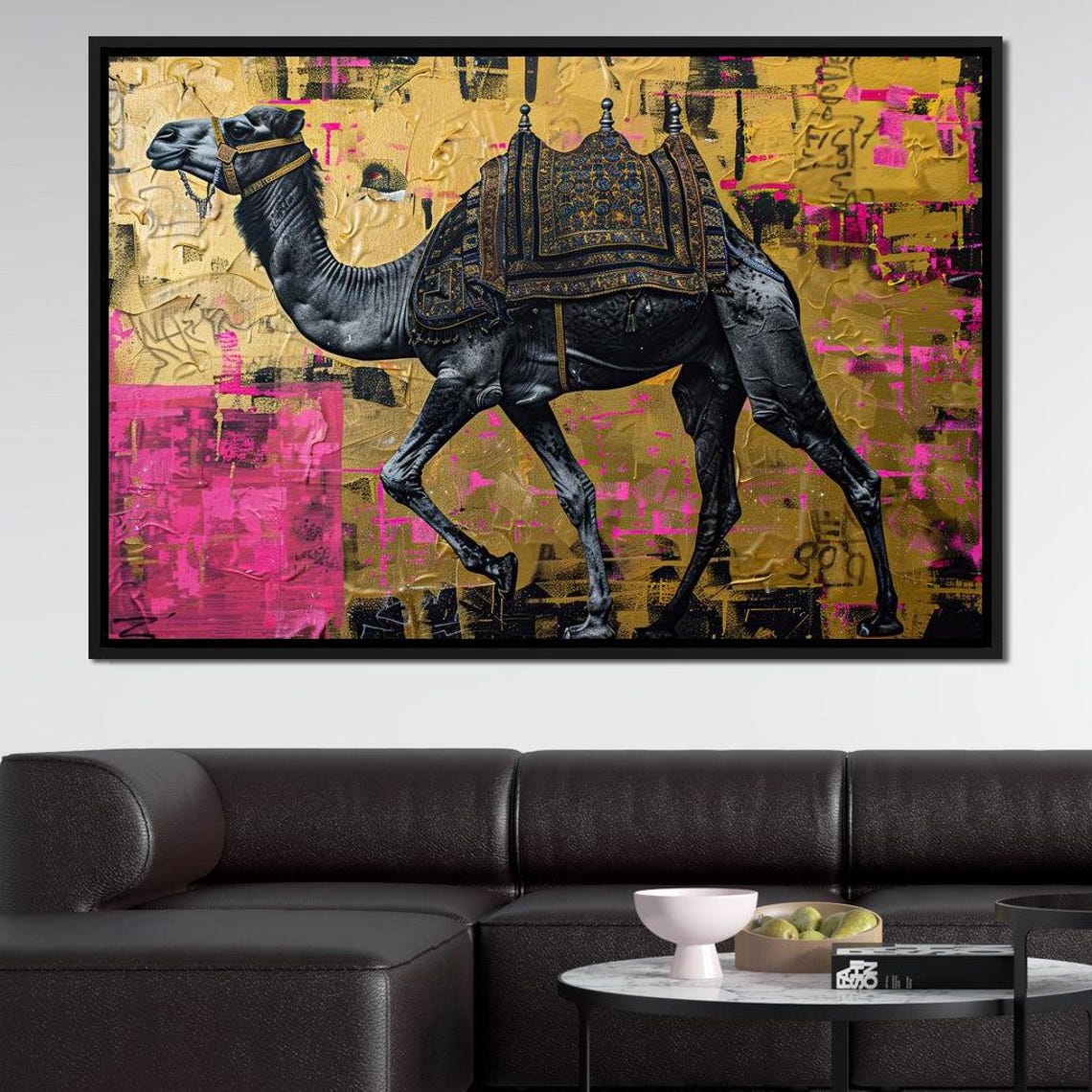 Regal Camel Gold Pink Graffiti Background Ornate Saddle Wall Art Print - Image 4