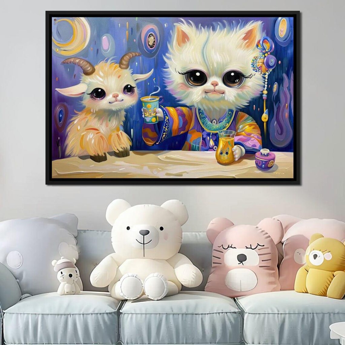 Fantasy Goat And Kitten Tea Party Cute Big Eyes Whimsical Kids Wall Art Poster - Image 2
