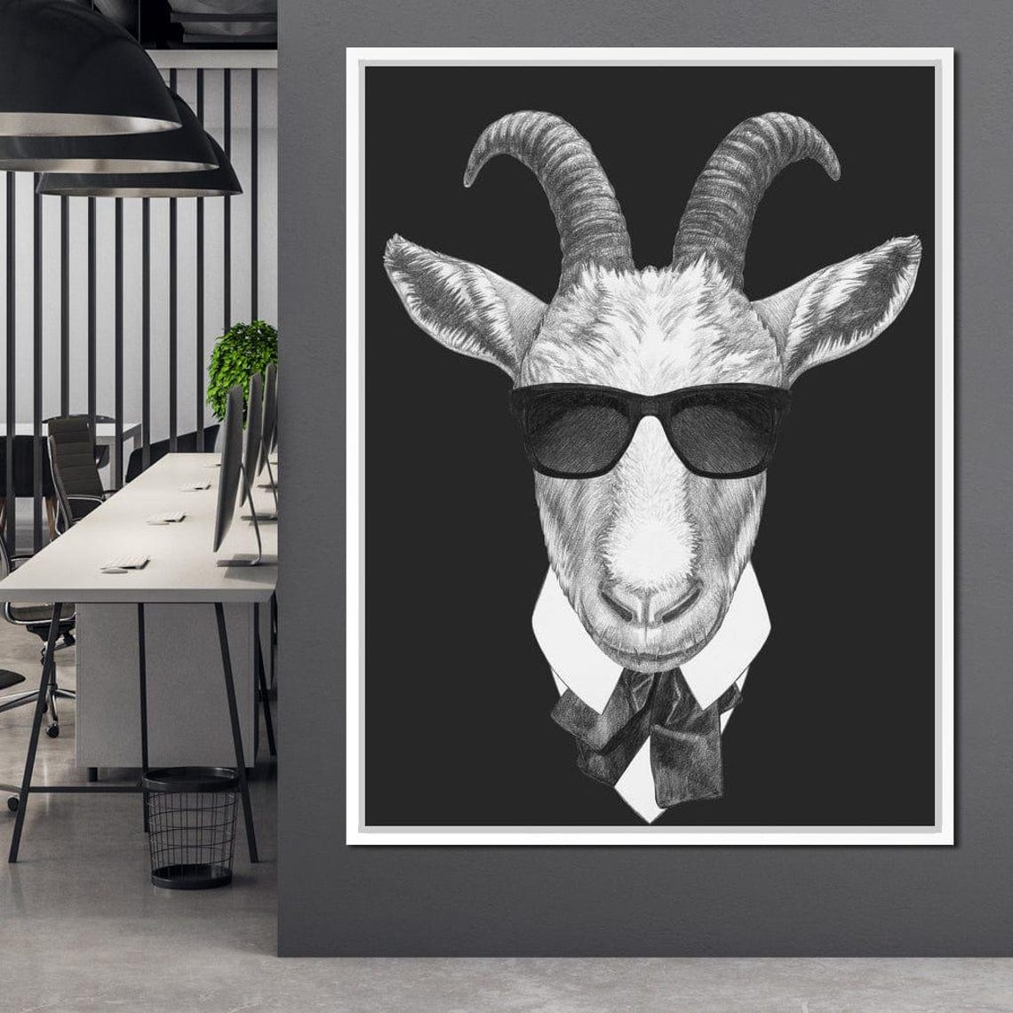 Stylish Goat Sunglasses Bow Tie Black White Quirky Animal Art Poster