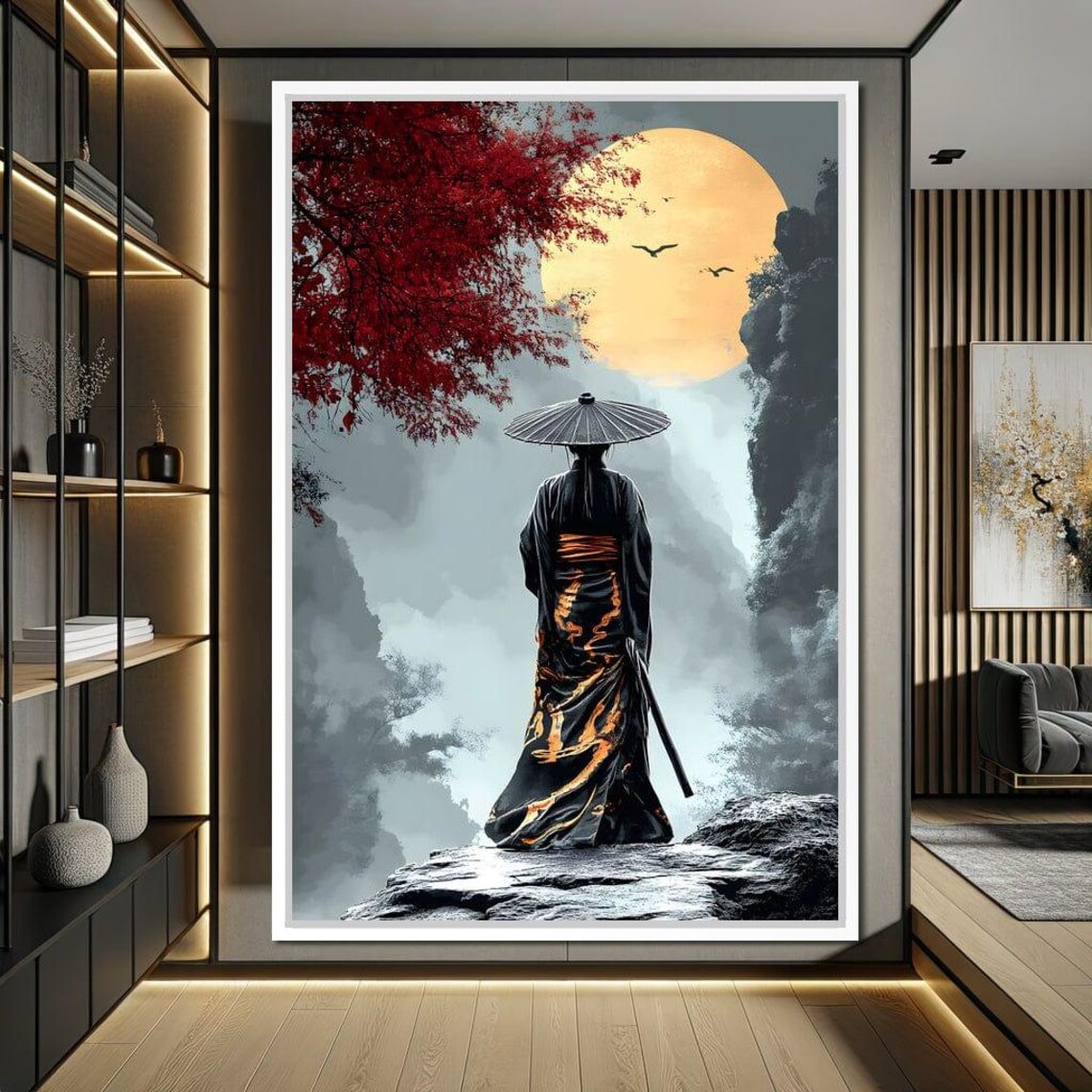 Japanese Figure In Kimono And Hat Under A Golden Moon Zen Wall Art - Image 2