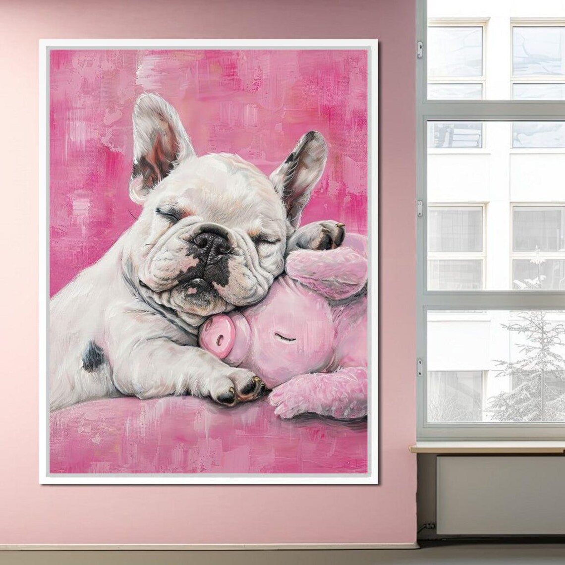 Sleeping French Bulldog Puppy Hugging Pink Piggy Plush Cute Art Poster - Image 4