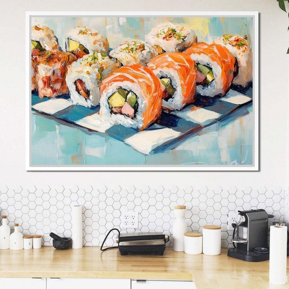 Salmon Rainbow Sushi Rolls Teal Checkered Modern Kitchen Decor Poster