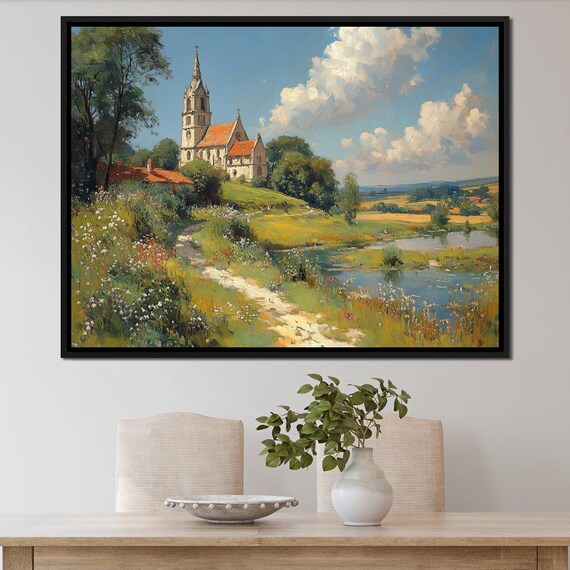 Countryside Stone Church In Summer Meadow Pond Pastoral Art Poster