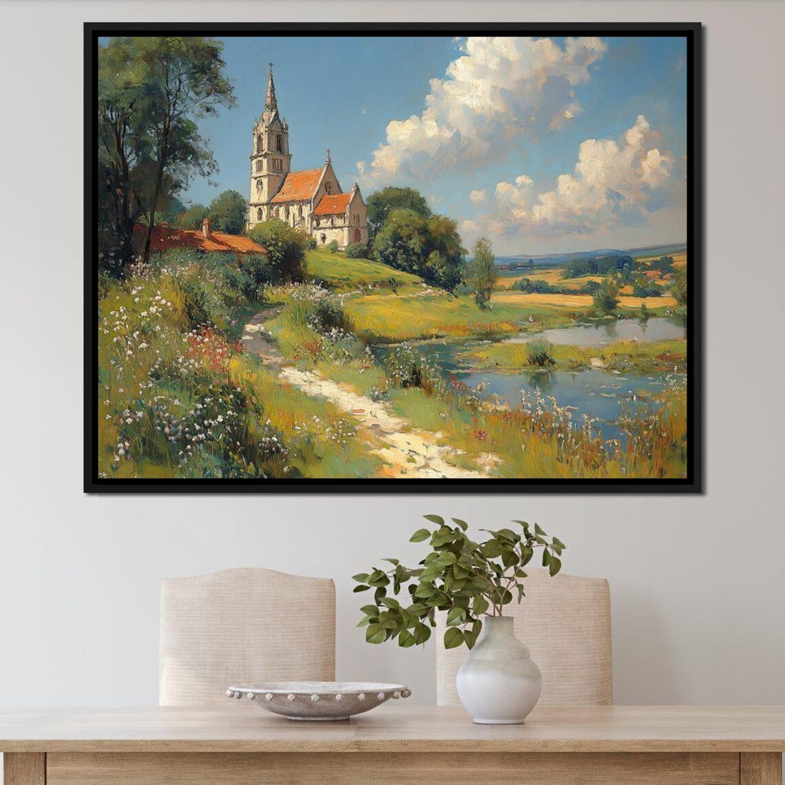 Countryside Stone Church In Summer Meadow Pond Pastoral Art Poster