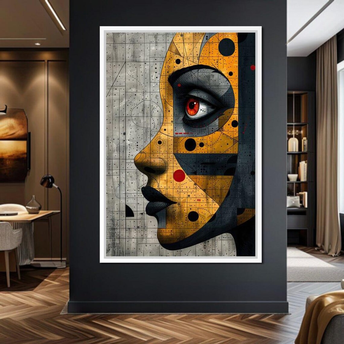 Golden Geometric Female Face Abstract Blueprint Style Modern Art Print - Image 2