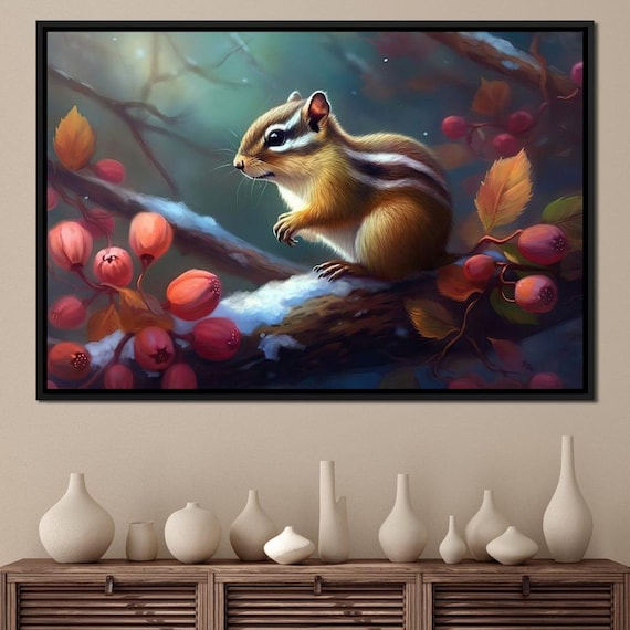 Adorable Chipmunk on Snowy Winter Branch With Red Berries Poster