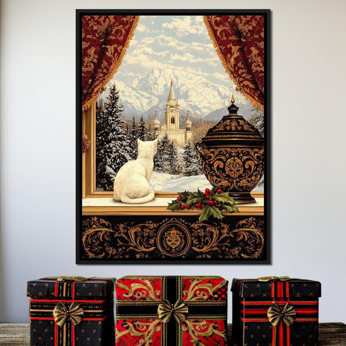 White Cat On Ornate Windowsill Overlooking Snowy Cathedral Poster - Image 3