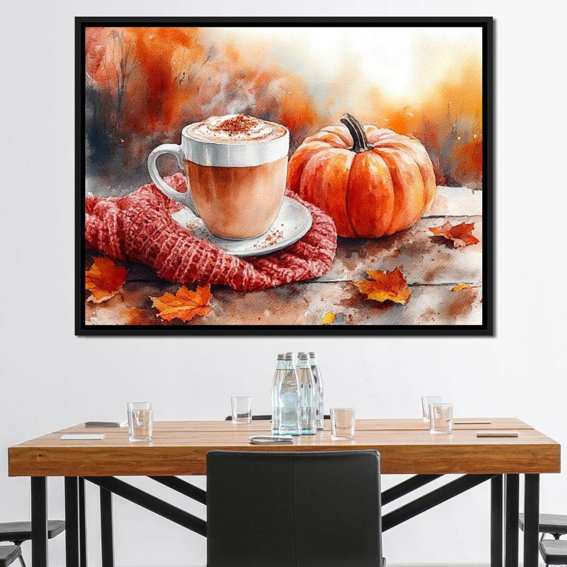 Cozy Fall Coffee Cup Red Scarf Pumpkin Watercolor Autumn Kitchen Poster - Image 4