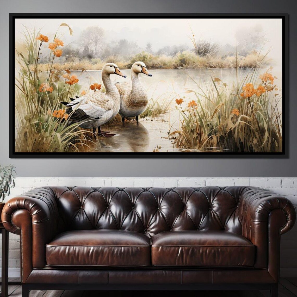 Two Geese Misty Pond Watercolor Tranquil Nature Wildlife Poster - Image 2