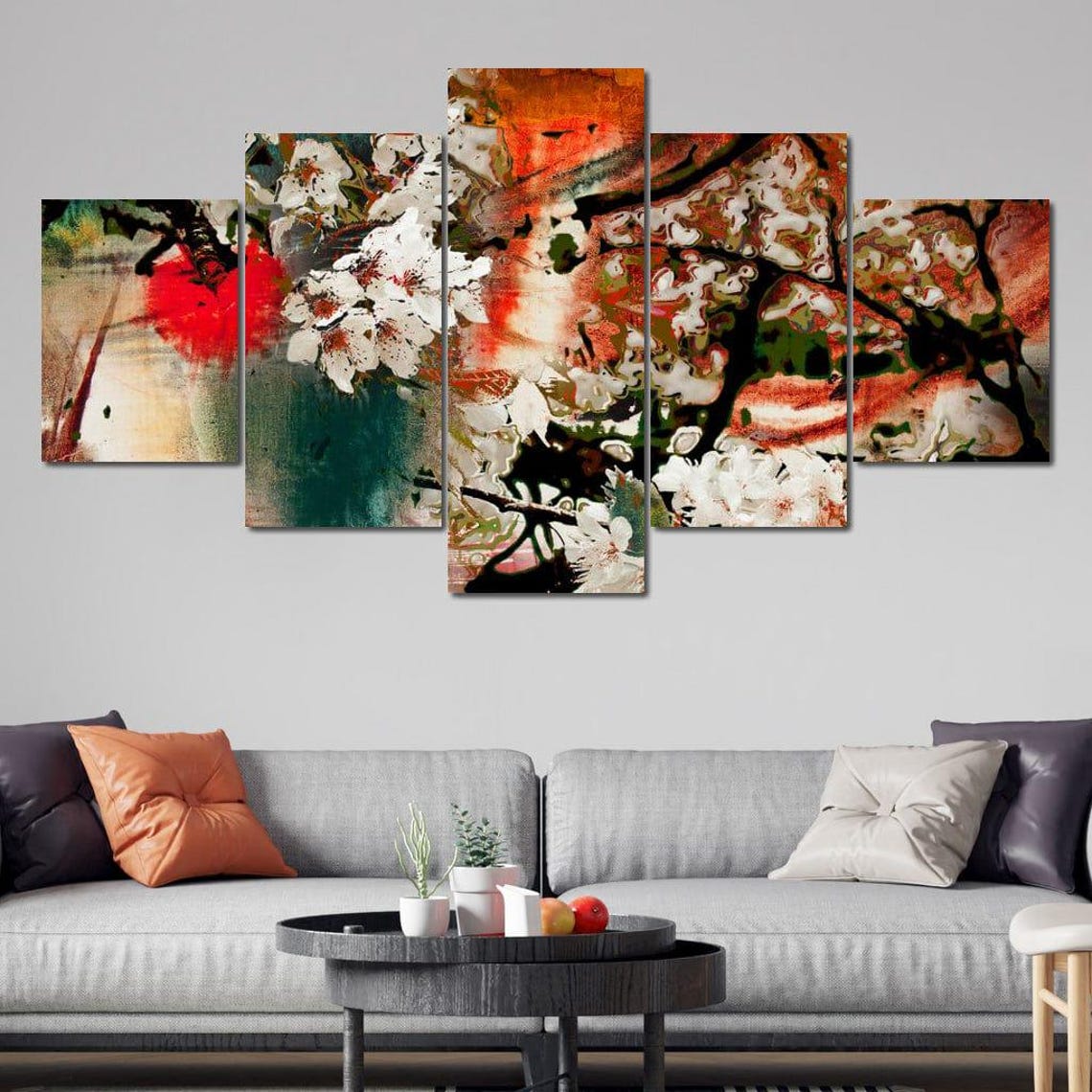 Red Orange Autumn Blossom Multi Panel Abstract Floral Canvas Wall Art